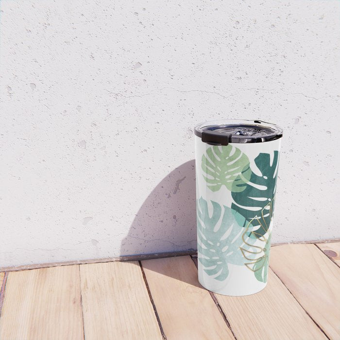 Tropical minimal / green, turquoise and gold monstera Travel Mug Gallery Image 4