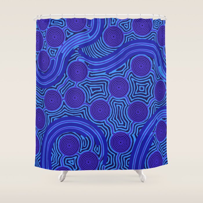 The Rivers around Us (blue) - Authentic Aboriginal Art Shower Curtain Gallery Image 1