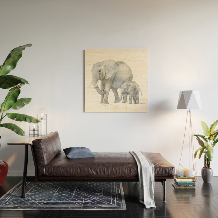 Mother and Baby Elephants Wood Wall Art Gallery Image 2