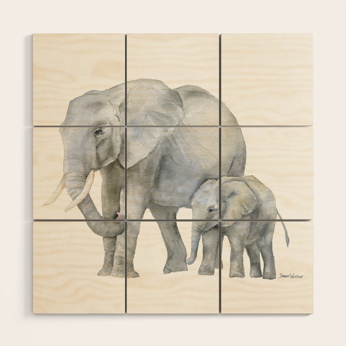 Mother and Baby Elephants Wood Wall Art Gallery Image 1