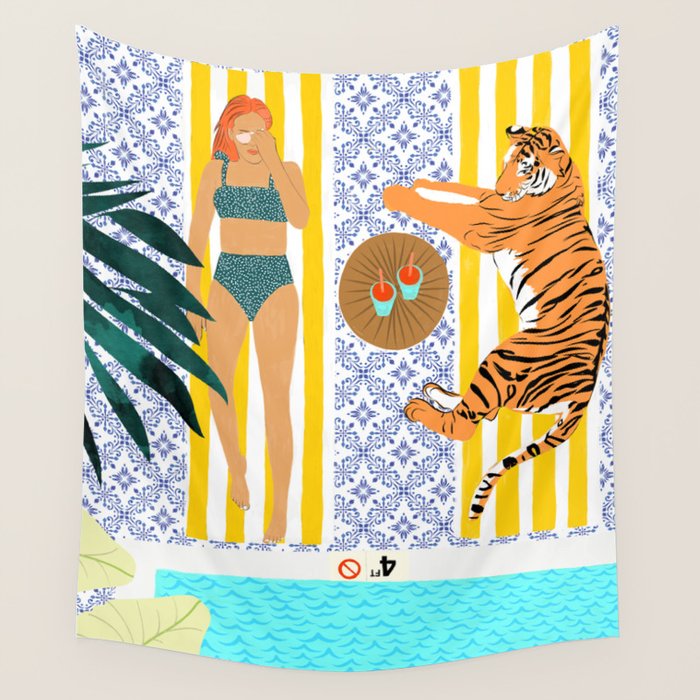 How To Vacay With Your Tiger, Human Animal Connection Illustration, Tropical Travel Morocco Painting Wall Tapestry Gallery Image 1