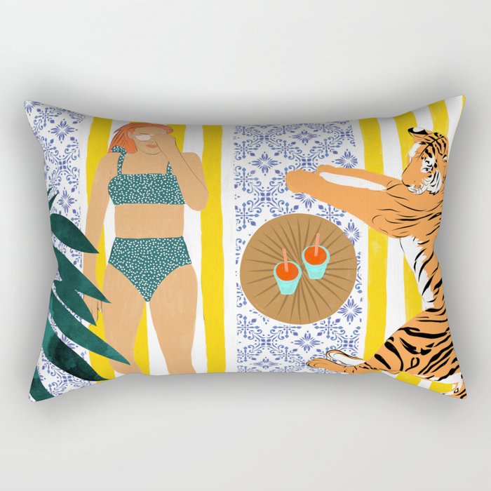 How To Vacay With Your Tiger, Human Animal Connection Illustration, Tropical Travel Morocco Painting Rectangular Pillow Gallery Image 1