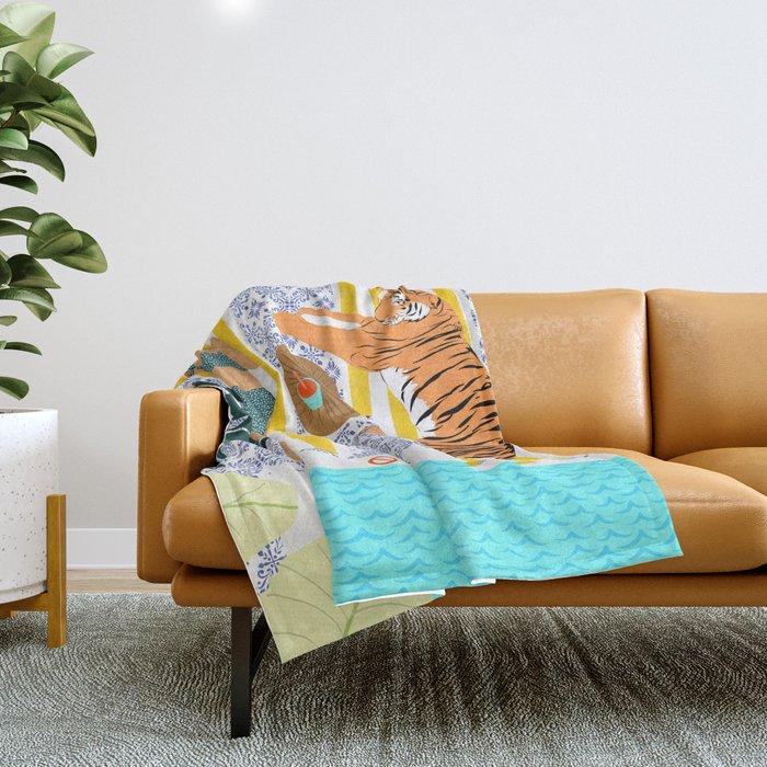 How To Vacay With Your Tiger, Human Animal Connection Illustration, Tropical Travel Morocco Painting Throw Blanket Gallery Image 1