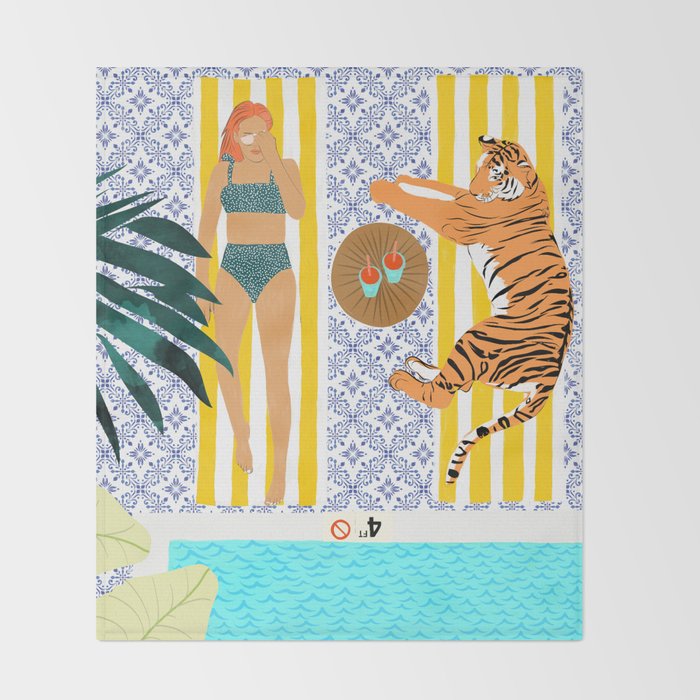 How To Vacay With Your Tiger, Human Animal Connection Illustration, Tropical Travel Morocco Painting Throw Blanket Gallery Image 2