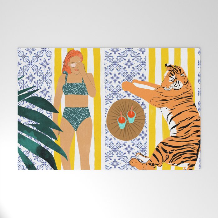 How To Vacay With Your Tiger, Human Animal Connection Illustration, Tropical Travel Morocco Painting Welcome Mat Gallery Image 1