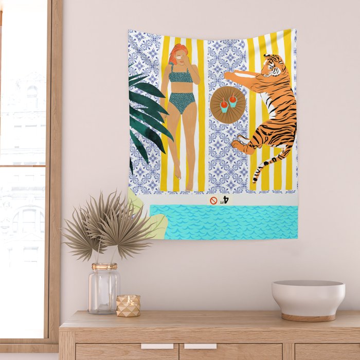 How To Vacay With Your Tiger, Human Animal Connection Illustration, Tropical Travel Morocco Painting Wall Tapestry Gallery Image 2