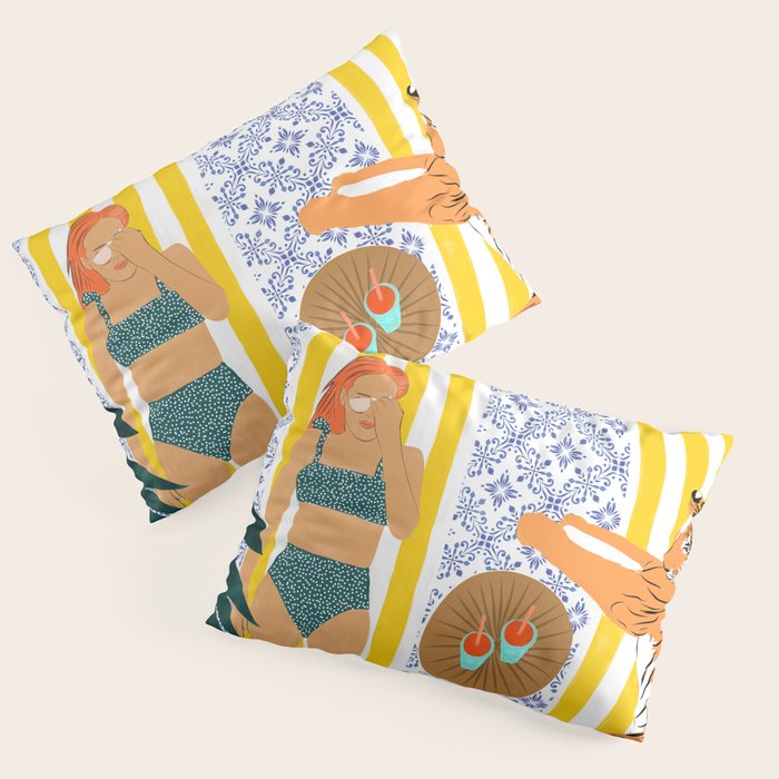 How To Vacay With Your Tiger, Human Animal Connection Illustration, Tropical Travel Morocco Painting Pillow Sham Gallery Image 1