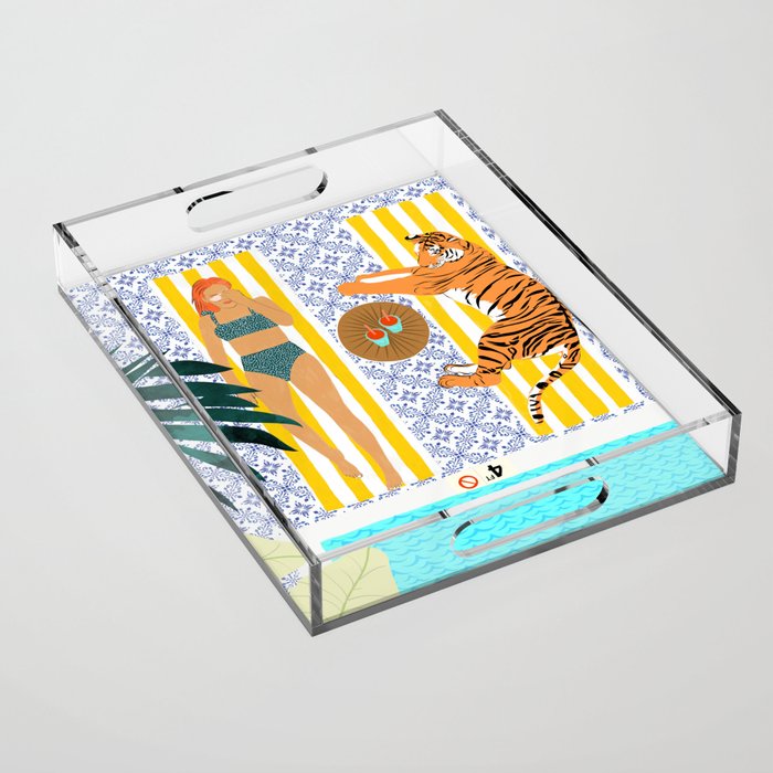 How To Vacay With Your Tiger, Human Animal Connection Illustration, Tropical Travel Morocco Painting Acrylic Tray Gallery Image 1