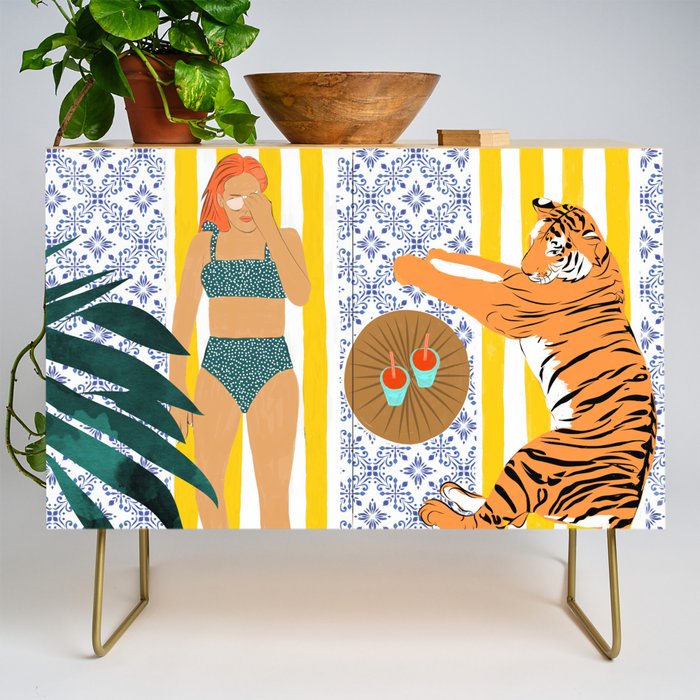 How To Vacay With Your Tiger, Human Animal Connection Illustration, Tropical Travel Morocco Painting Credenza Gallery Image 1