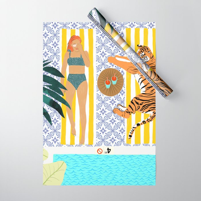 How To Vacay With Your Tiger, Human Animal Connection Illustration, Tropical Travel Morocco Painting Wrapping Paper Gallery Image 1