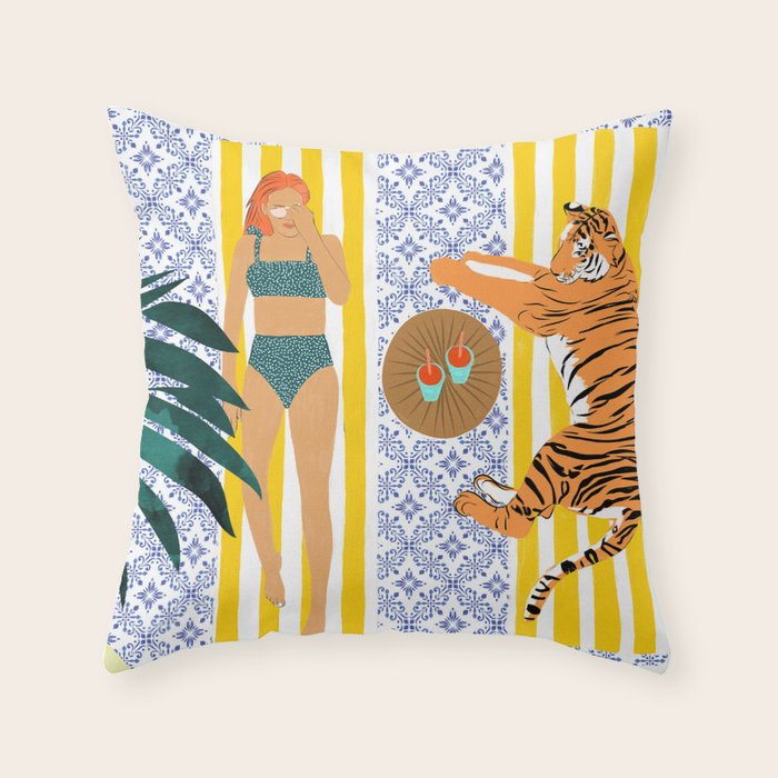 How To Vacay With Your Tiger, Human Animal Connection Illustration, Tropical Travel Morocco Painting Throw Pillow Gallery Image 6