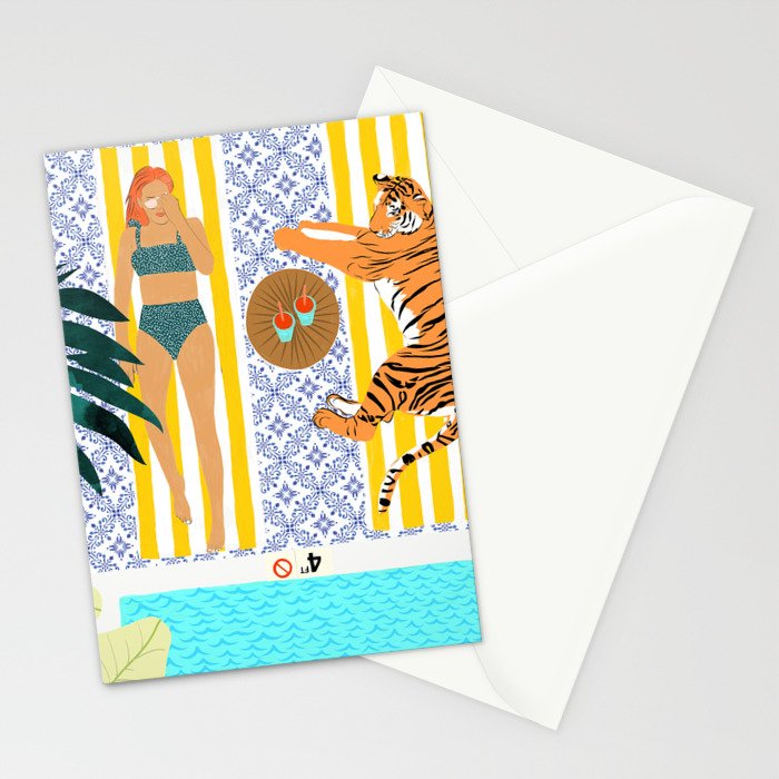 How To Vacay With Your Tiger, Human Animal Connection Illustration, Tropical Travel Morocco Painting Stationery Card Gallery Image 2