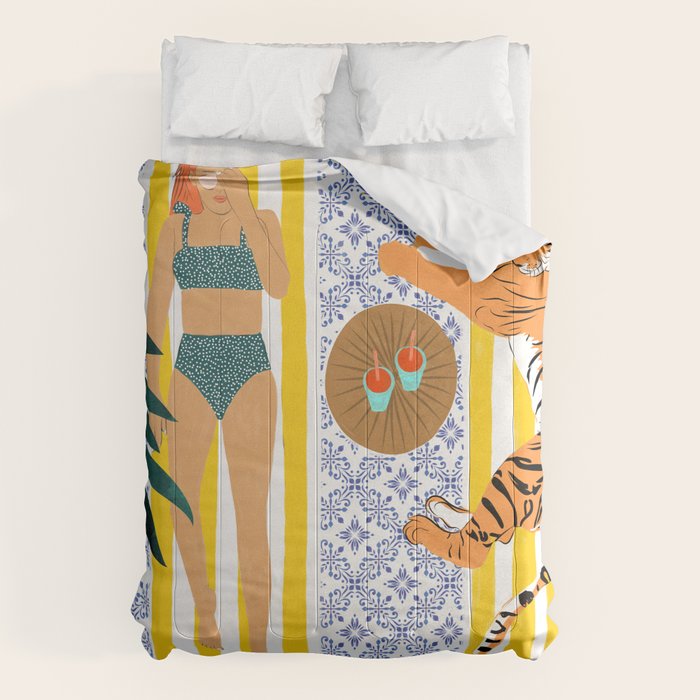 How To Vacay With Your Tiger, Human Animal Connection Illustration, Tropical Travel Morocco Painting Comforter Gallery Image 6