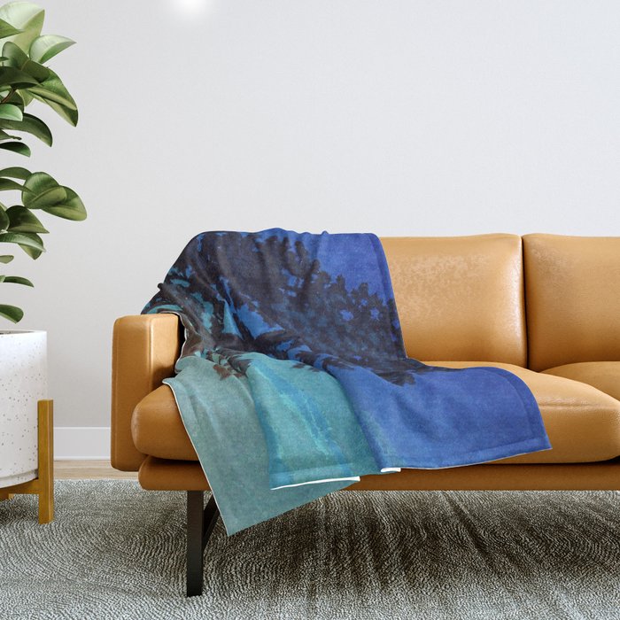 Full Moon Rising - Nature Ukiyo Landscape in Blue & Black Throw Blanket Gallery Image 1