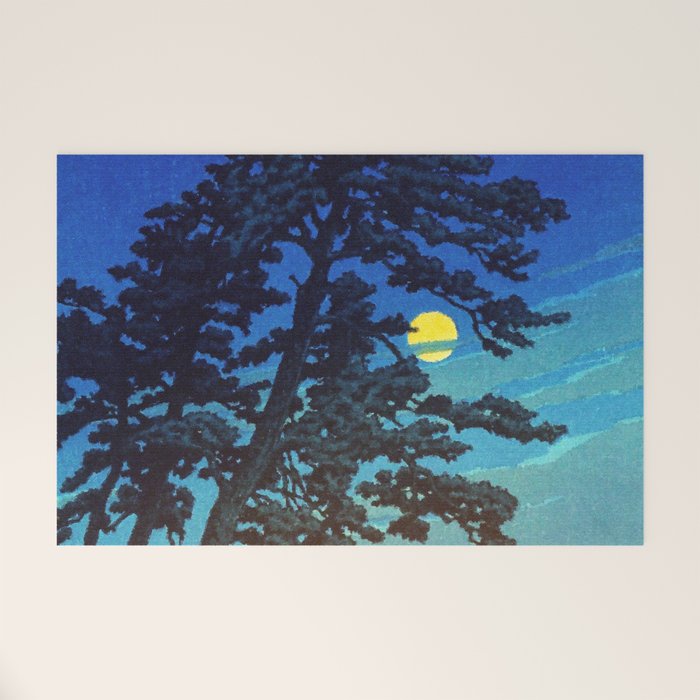 Full Moon Rising - Nature Ukiyo Landscape in Blue & Black Welcome Mat Gallery Image 1