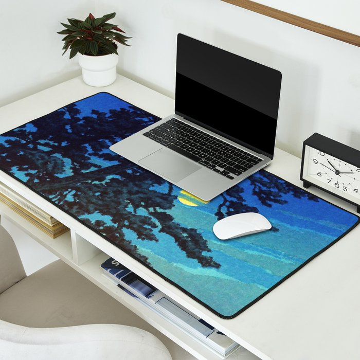 Full Moon Rising - Nature Ukiyo Landscape in Blue & Black Desk Mat Gallery Image 2