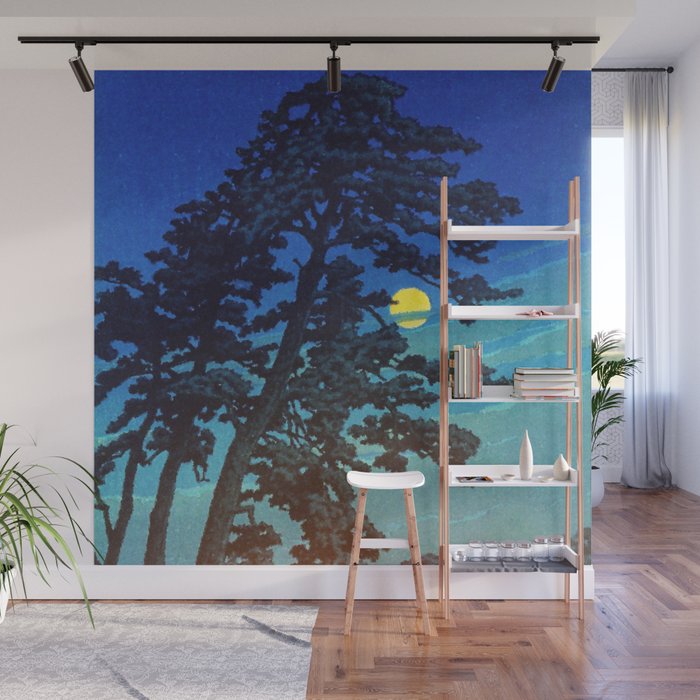 Full Moon Rising - Nature Ukiyo Landscape in Blue & Black Wall Mural Gallery Image 1