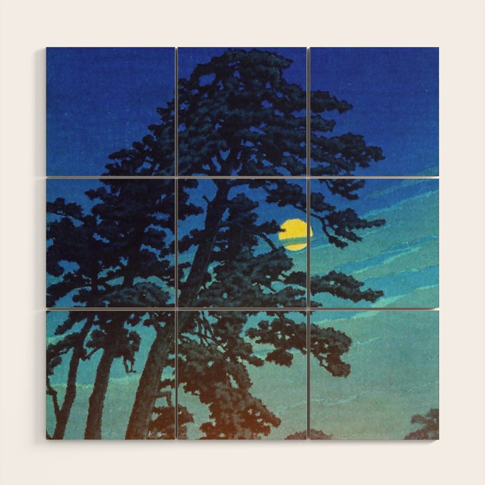 Full Moon Rising - Nature Ukiyo Landscape in Blue & Black Wood Wall Art Gallery Image 1