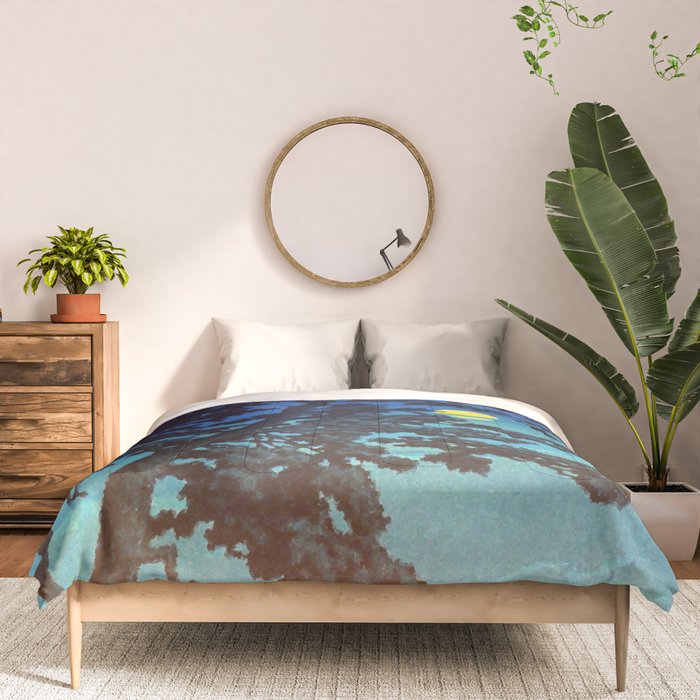 Full Moon Rising - Nature Ukiyo Landscape in Blue & Black Comforter Gallery Image 3