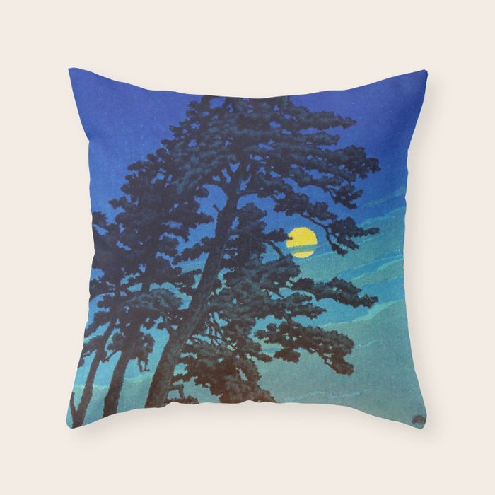 Full Moon Rising - Nature Ukiyo Landscape in Blue & Black Throw Pillow Gallery Image 1