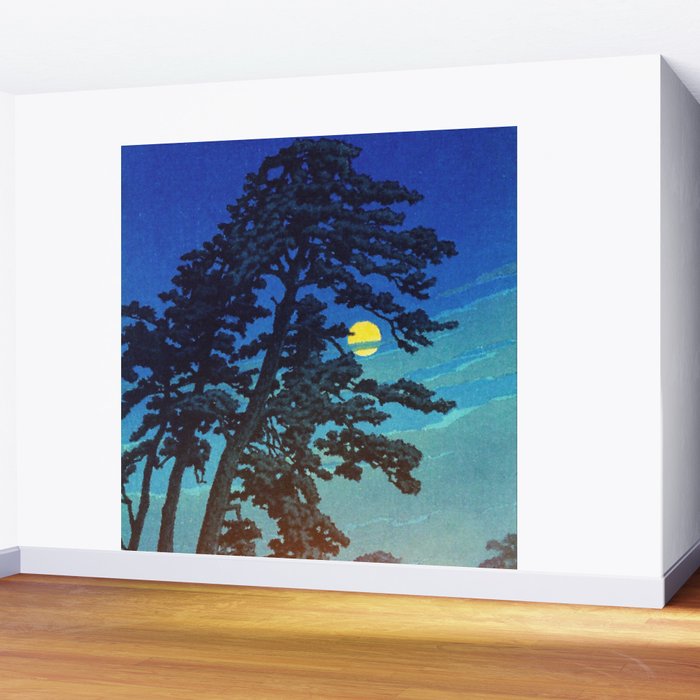Full Moon Rising - Nature Ukiyo Landscape in Blue & Black Wall Mural Gallery Image 2