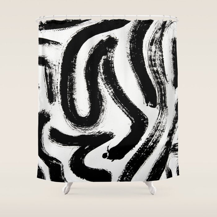 Black and White Abstract Pattern 1: A minimal black and white pattern by Alyssa Hamilton Art Shower Curtain Gallery Image 1