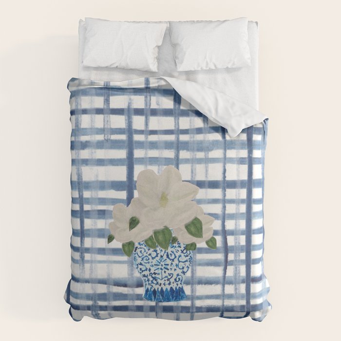 Watercolor Gingham Magnolias Ginger Jar Painting  Duvet Cover Gallery Image 1