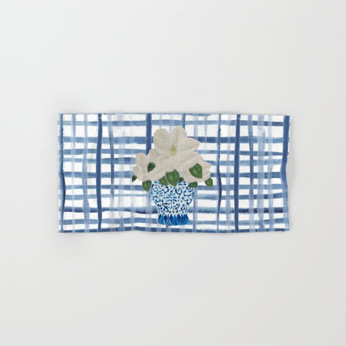 Watercolor Gingham Magnolias Ginger Jar Painting  Bath Towel Gallery Image 1