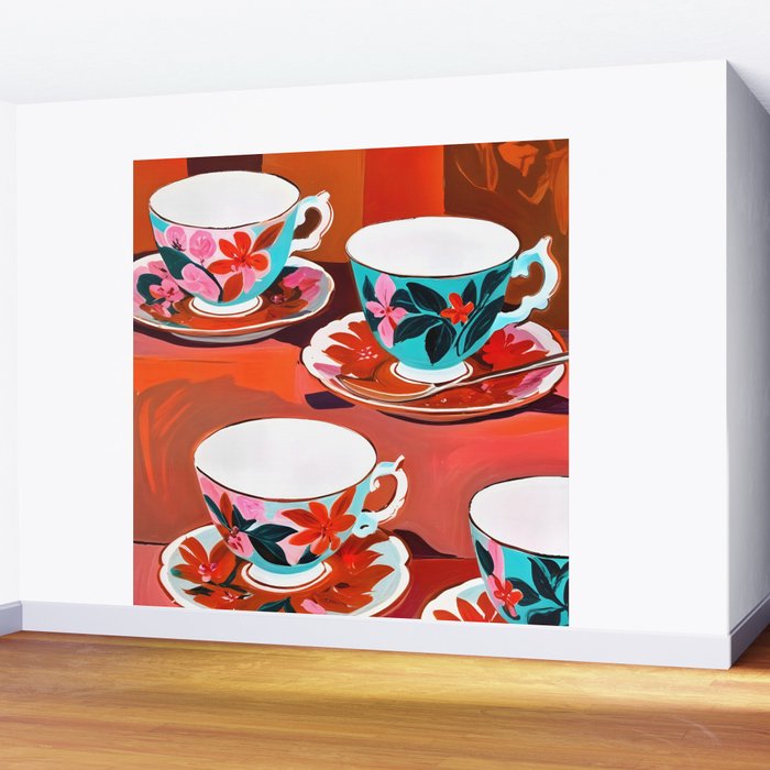 Tea Party, Teacups Floral Whimsical Eclectic Maximalist Illustration, Boho Coffee Food Painting Wall Mural Gallery Image 2
