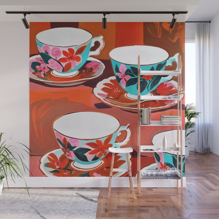 Tea Party, Teacups Floral Whimsical Eclectic Maximalist Illustration, Boho Coffee Food Painting Wall Mural Gallery Image 1