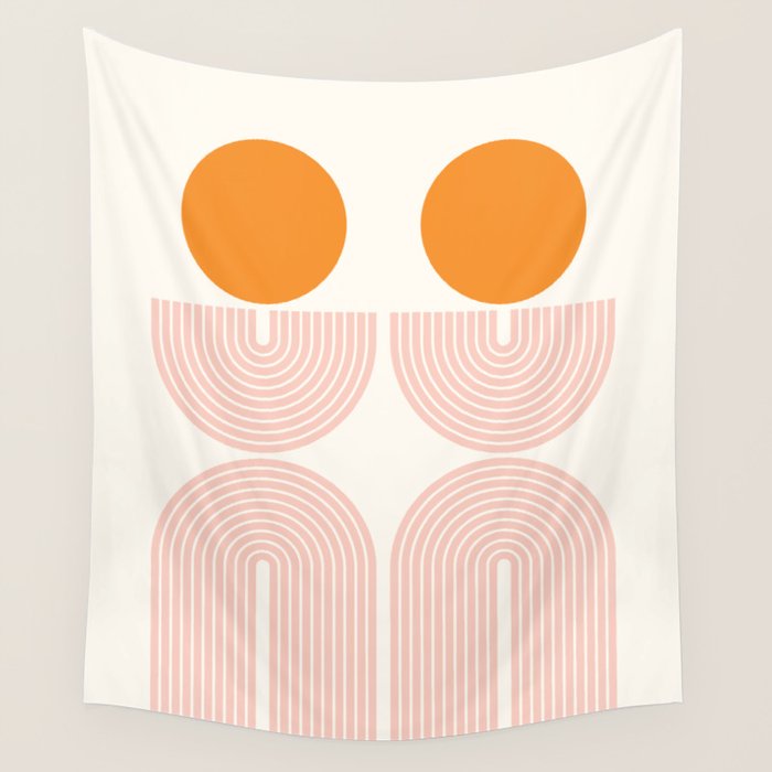 Mid Century Modern Geometric 43 in Coral Orange (Rainbow and Sun Abstraction) Wall Tapestry Gallery Image 4