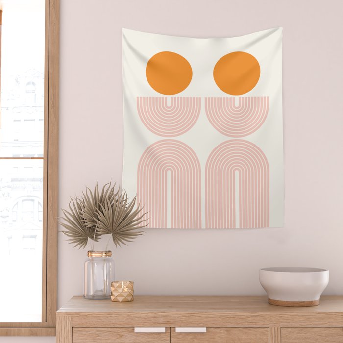 Mid Century Modern Geometric 43 in Coral Orange (Rainbow and Sun Abstraction) Wall Tapestry Gallery Image 2