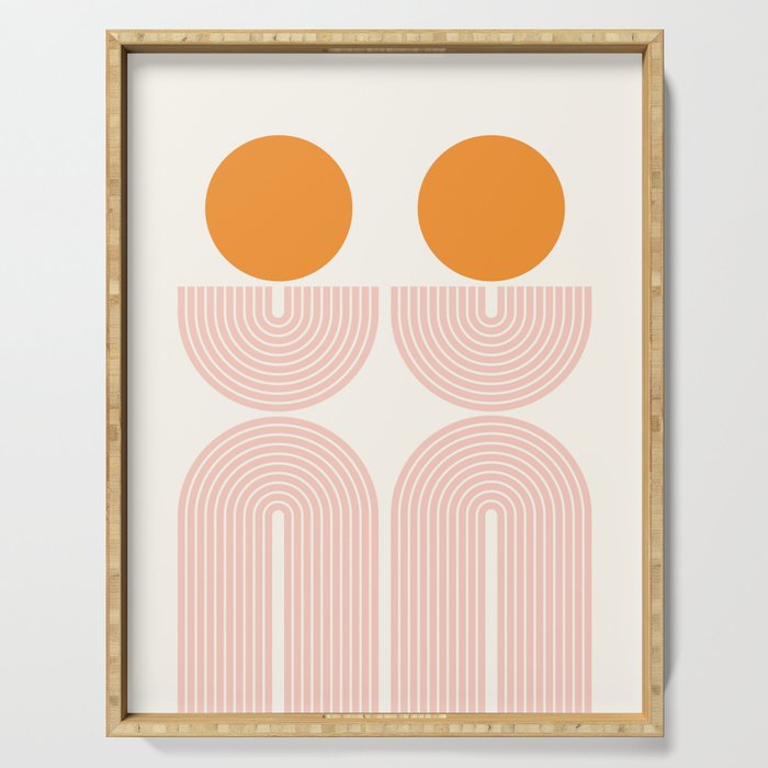 Mid Century Modern Geometric 43 in Coral Orange (Rainbow and Sun Abstraction) Serving Tray Gallery Image 1