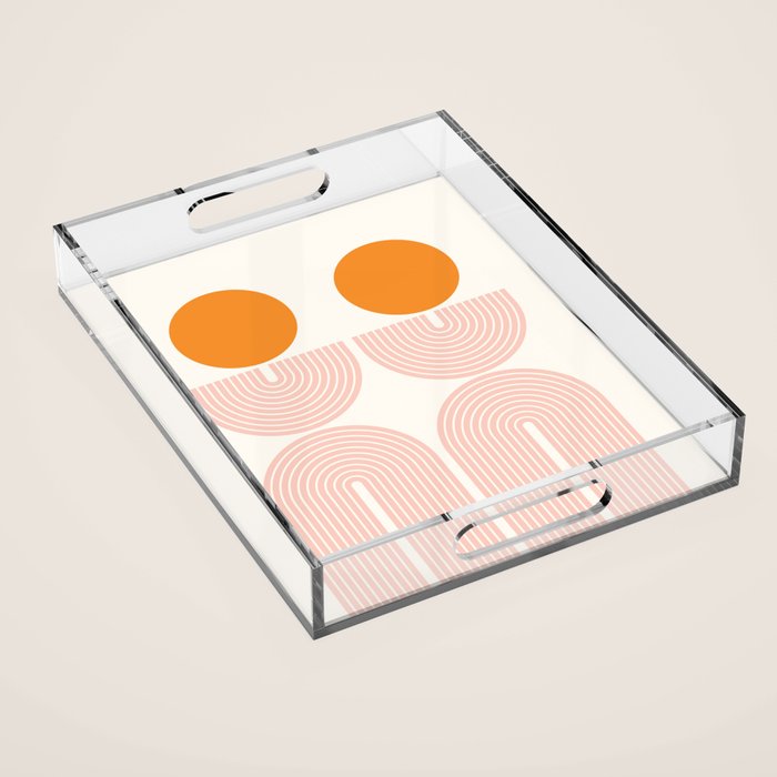 Mid Century Modern Geometric 43 in Coral Orange (Rainbow and Sun Abstraction) Acrylic Tray Gallery Image 1