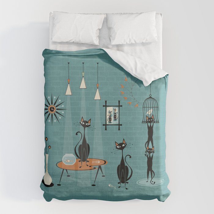 Mid Century Kitty Mishchief - w/ Orange ©studioxtine Duvet Cover Gallery Image 1