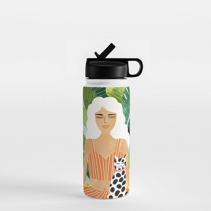 Meditation With Thy Cat Poster | Blonde Woman of Color | Tropical Banana Leaves Quirky Pet Workout  Water Bottle Gallery Image 1