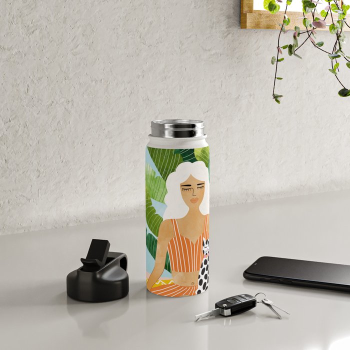Meditation With Thy Cat Poster | Blonde Woman of Color | Tropical Banana Leaves Quirky Pet Workout  Water Bottle Gallery Image 4