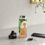 Meditation With Thy Cat Poster | Blonde Woman of Color | Tropical Banana Leaves Quirky Pet Workout  Water Bottle Gallery Image 4