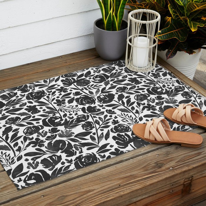 Simple black and white flower garden Outdoor Rug Gallery Image 2