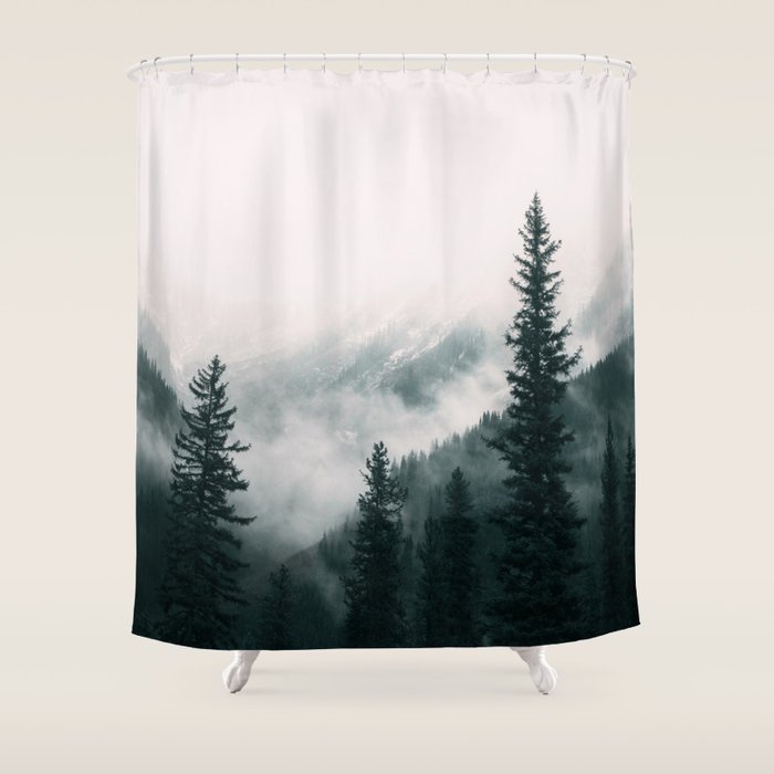 Forest mist beneath the mountain peaks Shower Curtain Gallery Image 1