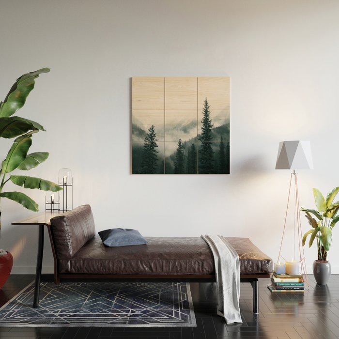Forest mist beneath the mountain peaks Wood Wall Art Gallery Image 2