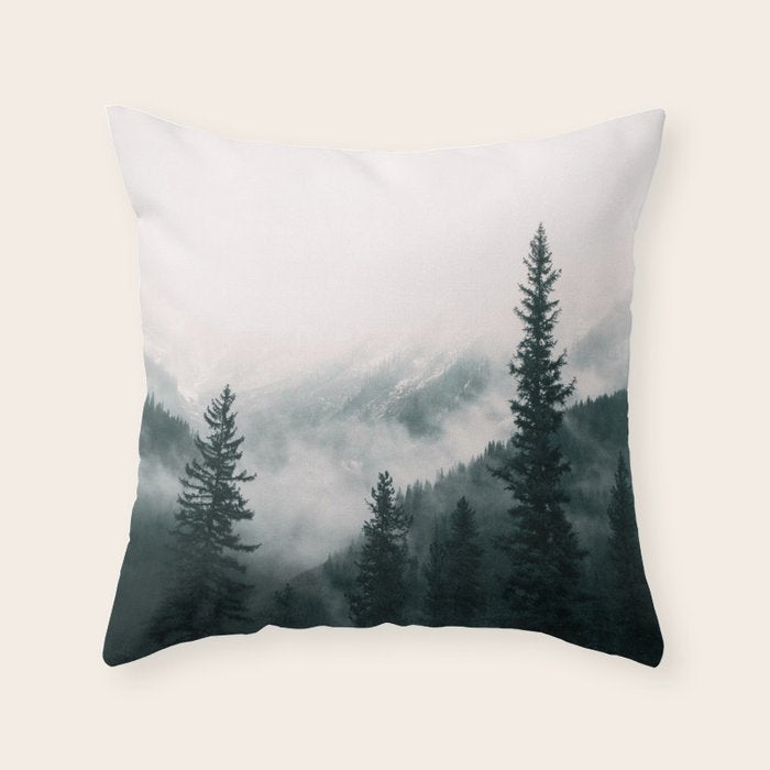Forest mist beneath the mountain peaks Throw Pillow Gallery Image 6