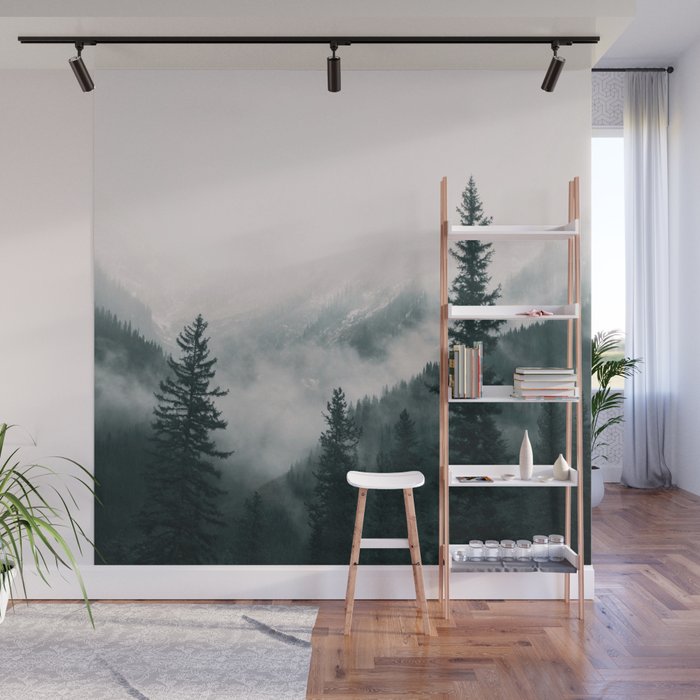 Forest mist beneath the mountain peaks Wall Mural Gallery Image 1