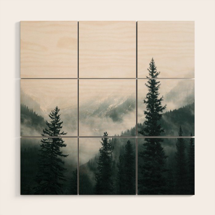 Forest mist beneath the mountain peaks Wood Wall Art Gallery Image 1