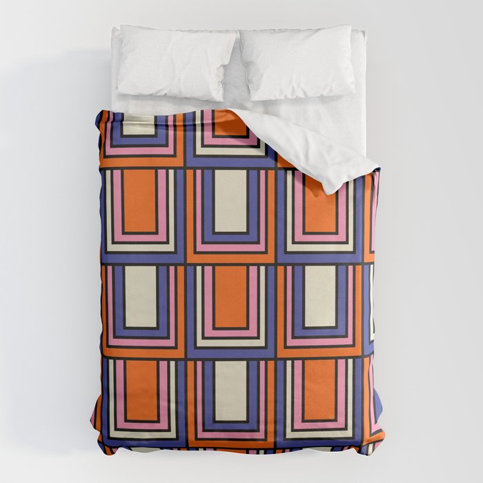 Colorful Retro Geometric Mod Portes Pattern Blue Orange Pink Cream Duvet Cover Gallery Image 6