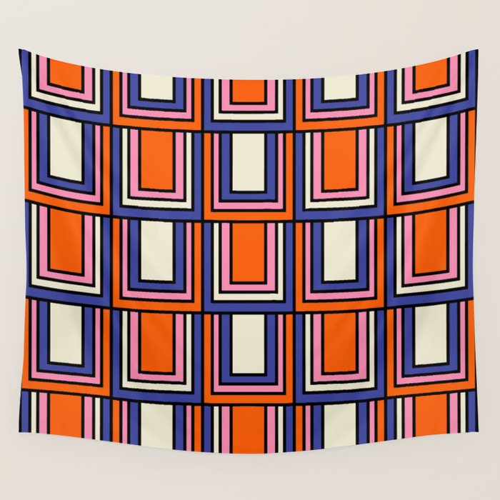 Colorful Retro Geometric Mod Portes Pattern Blue Orange Pink Cream Wall Tapestry Gallery Image 4