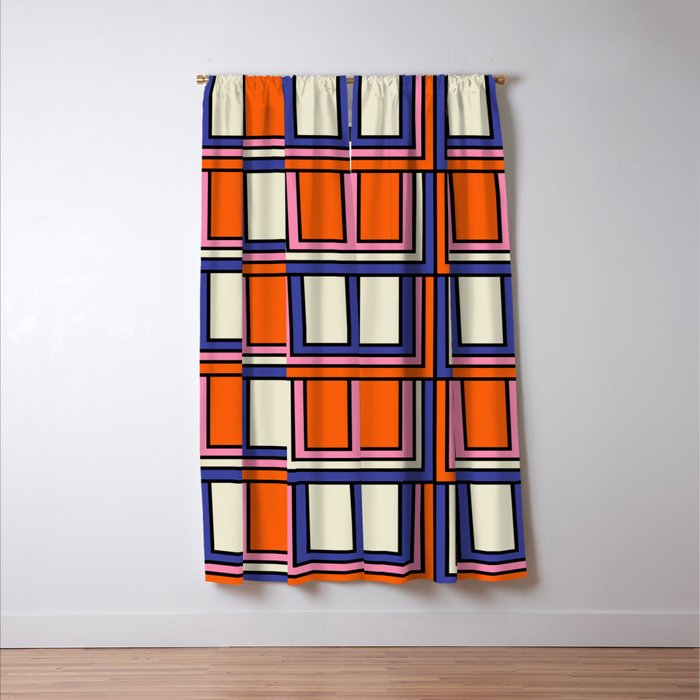 Colorful Retro Geometric Mod Portes Pattern Blue Orange Pink Cream Window Curtain Gallery Image 3