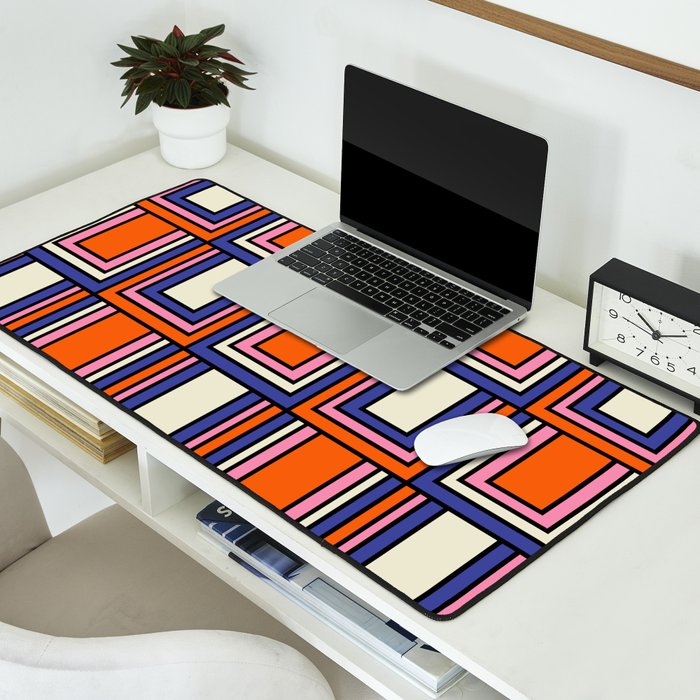 Colorful Retro Geometric Mod Portes Pattern Blue Orange Pink Cream Desk Mat Gallery Image 2