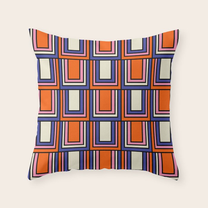 Colorful Retro Geometric Mod Portes Pattern Blue Orange Pink Cream Throw Pillow Gallery Image 1
