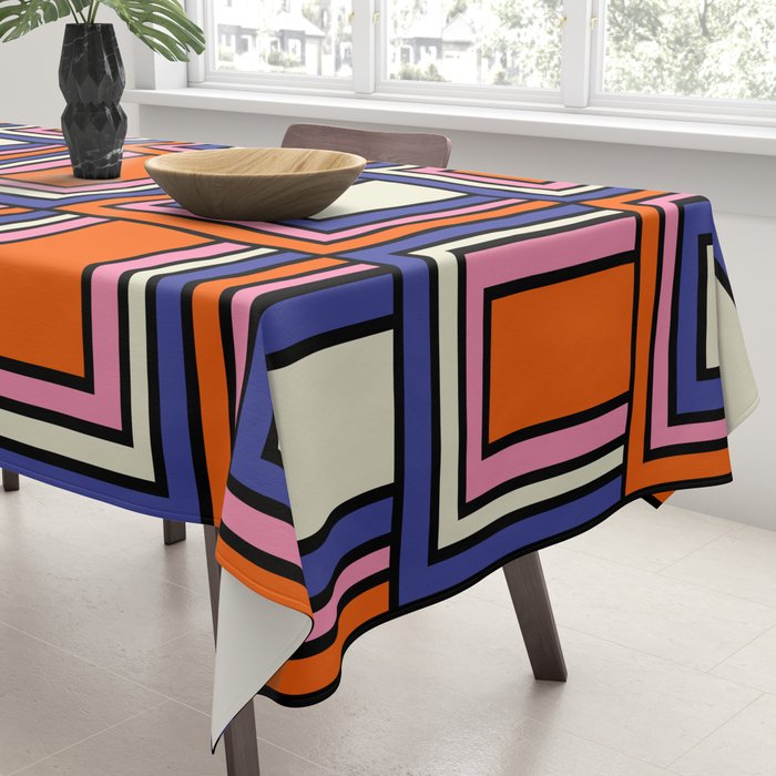 Colorful Retro Geometric Mod Portes Pattern Blue Orange Pink Cream Tablecloth Gallery Image 3
